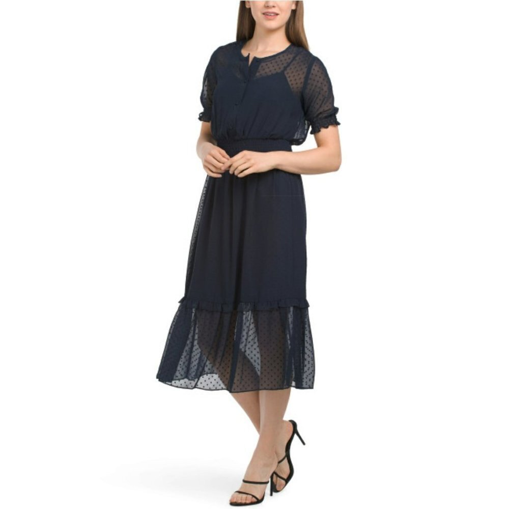 NWT NANETTE LEPORE Women's Ruffle Hem Chiffon Clip Dot Midi Dress